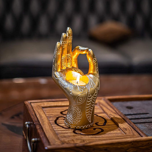 Meditation Decor - Buddha Candle Holder Mudra Hand Decor Statues Home Office Collectible Figurines ，Resin Retro Small Tealight Lights for Meditation Relaxing Gift (Golden)