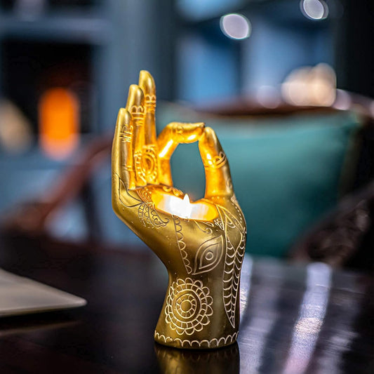 Meditation Decor - Buddha Candle Holder Mudra Hand Decor Statues Home Office Collectible Figurines ，Resin Retro Small Tealight Lights for Meditation Relaxing Gift (Golden)