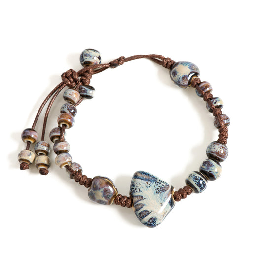 Handmade Blue Butterfly Shell Ceramic Bracelet Adjustable Wax Cord Boho Vintage Jewelry Gift for Women & Men – S02-009