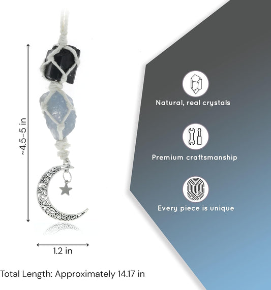 Hanging Car Charm - Black Tourmaline & Blue Calcite - Dangling Moon & Healing Crystal Accessories, Rearview Mirror Decorations - Confidence, Calmness, Creativity, Protection, Communication