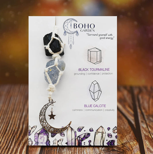 Hanging Car Charm - Black Tourmaline & Blue Calcite - Dangling Moon & Healing Crystal Accessories, Rearview Mirror Decorations - Confidence, Calmness, Creativity, Protection, Communication